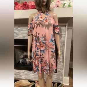 Sew In Love Pink and Blue Floral Cold Shoulder Dress Sz Small